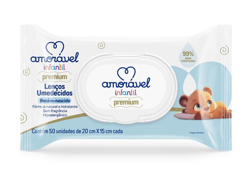 Amoravel Lenço Umedecido Infantil Amorável 99% Água Com 50 Unidades