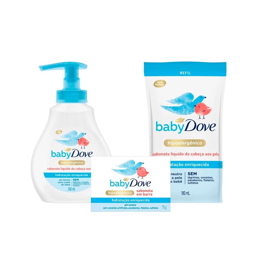 Dove Kit Infantil Hidratação Sabonete Líquido 200ml + Refil Sabonete Líquido 180ml + Sabonete em Barra 75g