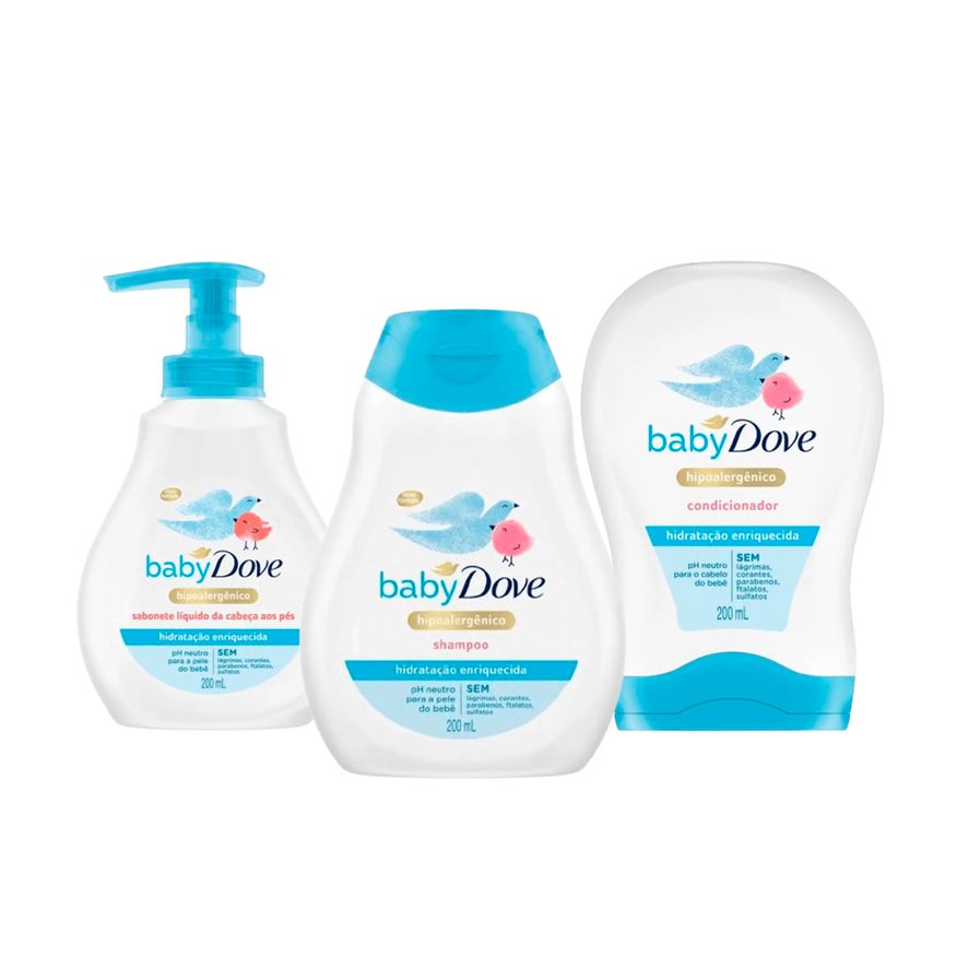 Dove Kit Infantil Hidratação Sabonete Líquido 200ml + Shampoo 200ml + Condicionador 200ml