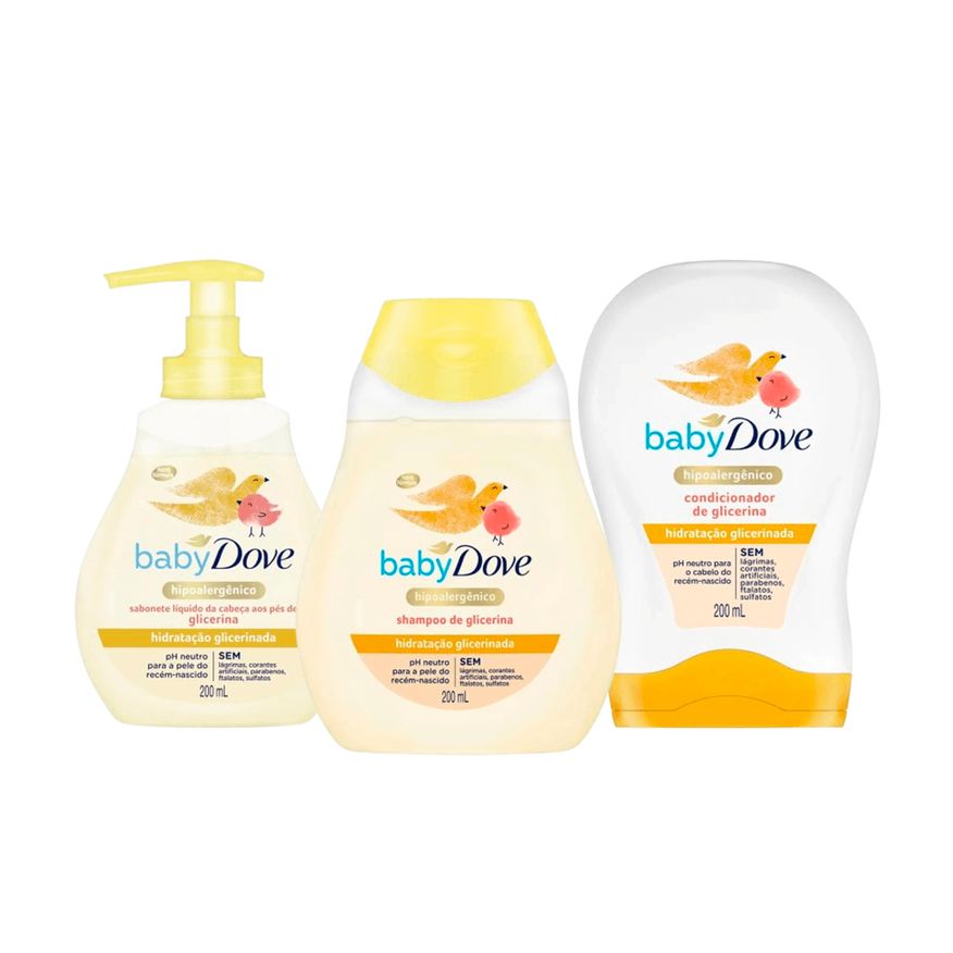 Dove Kit Infantil Hidratação Glicerinada Sabonete Líquido 200ml + Shampoo 200ml + Condicionador 200ml