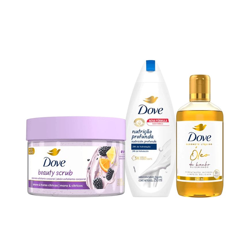 Dove Kit Banho Sabonete Esfoliante Beauty Scrub 280g + Sabonete Líquido Óleo de Banho 240ml + Sabonete Líquido Nutrição Profunda 250ml