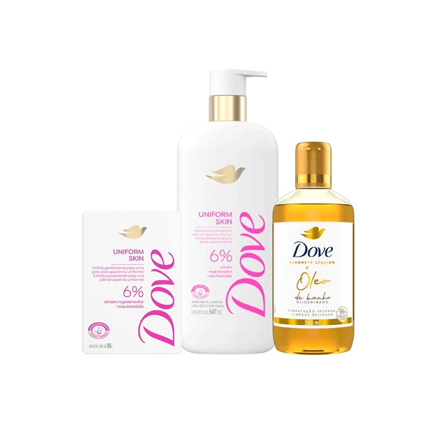 Dove Kit Banho Sabonete Barra Uniform Skin 135g + Sabonete Líquido Uniform Skin 547ml + Sabonete Líquido Óleo de Banho 240ml