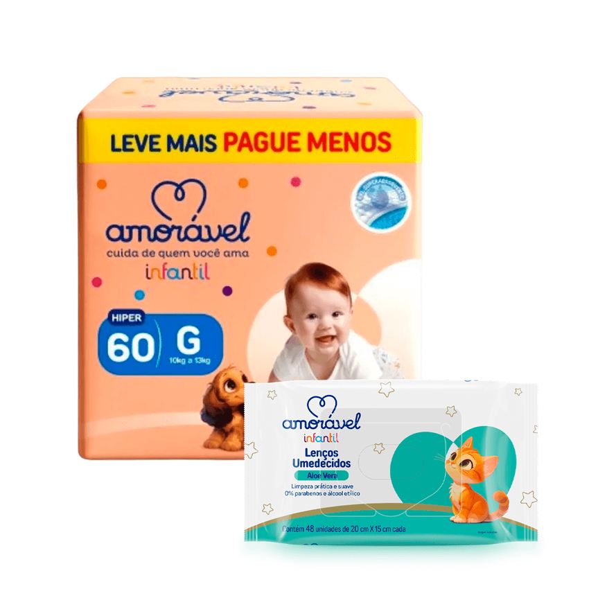 Amoravel Kit Amorável Fralda Amorável Basic G 60 Uni + Lenço Umedecido Amorável Baby Aloe Vera 48 Uni