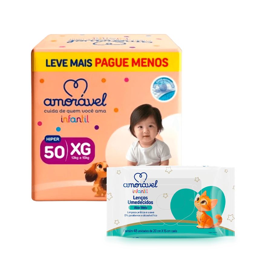 Amoravel Kit Amorável Fralda Basic Hiper XG 50 Uni + Lenço Umedecido Amorável Baby Aloe Vera 48 Uni