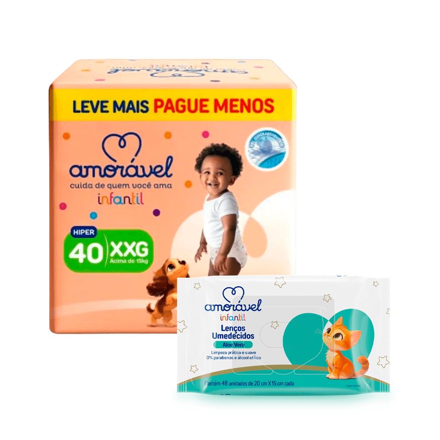 Amoravel Kit Amorável Fralda Basic Hiper XXG 40 Uni + Lenço Umedecido Amorável Baby Aloe Vera 48 Uni