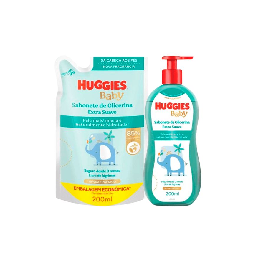 Huggies Kit Sabonete Líquido Extra Suave 200ml + Sabonete Líquido Extra Suave Refil 200ml