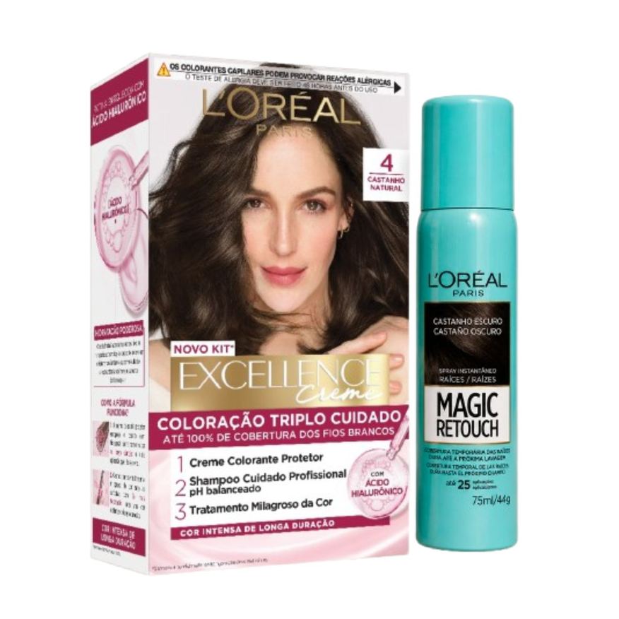 Loreal Paris Kit L'Oréal Tintura Imédia excellence Castanho natural 4 + Tintura Magic Retouch Castanho Escuro Spray 75ml