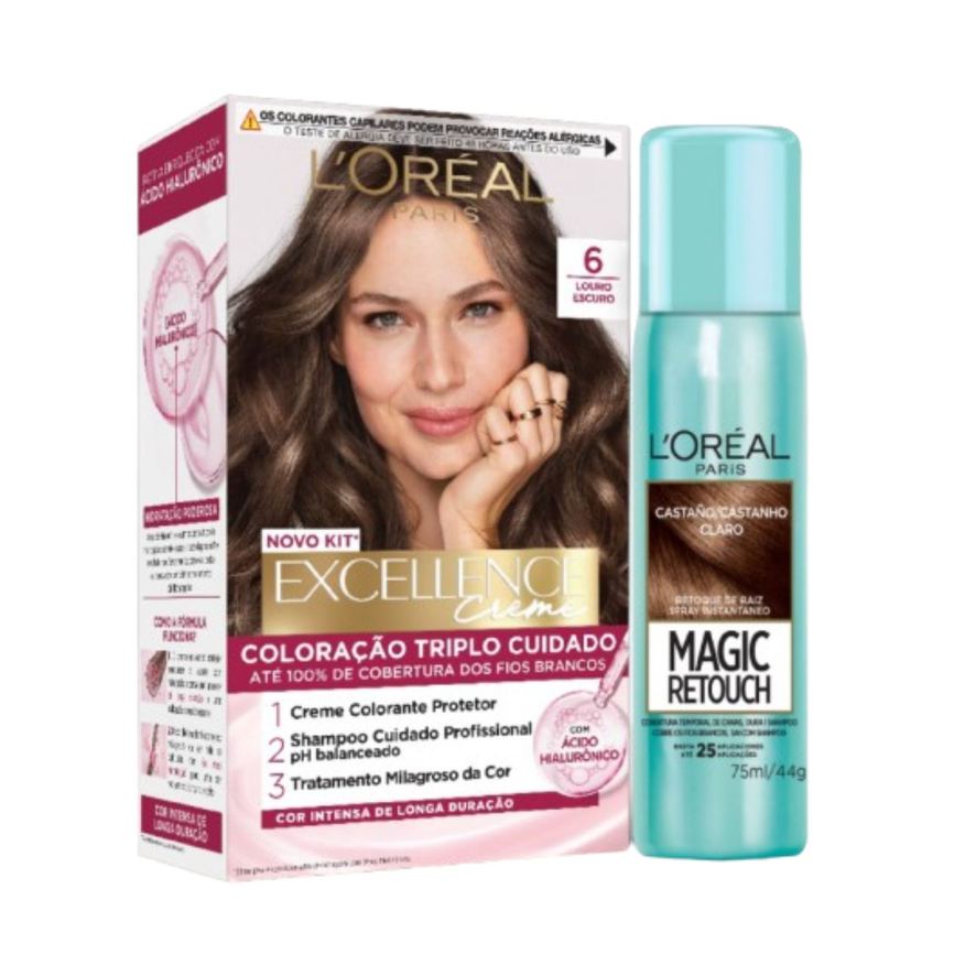 Loreal Paris Kit L'Oréal Tintura Imédia excellence Louro Escuro 6 + Tuntura Magic Retouch Castanho Claro Spray 75ml