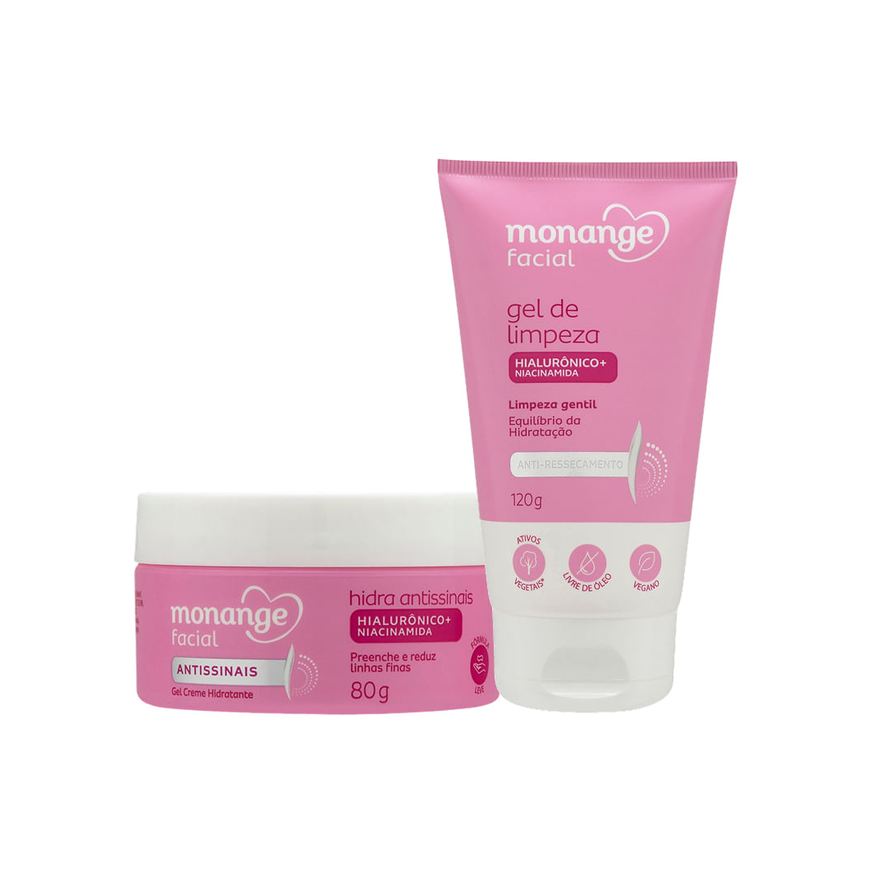 Monange Kit Gel de Limpeza Facial Anti-Ressecamento 120g + Creme Facial Hidratante Antissinais 80g