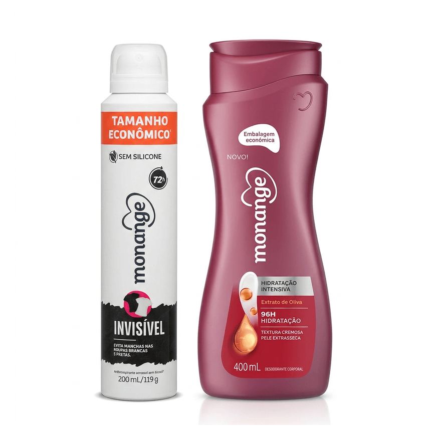 Monange Kit Hidratação Intensiva Loção Hidratante Extrato de Oliva 400ml + Desodorante Antitranspirante Invisível Aerossol 200ml