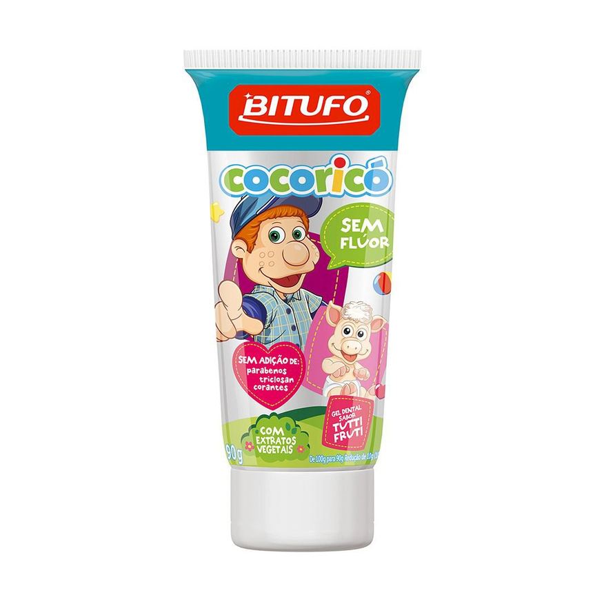 Bitufo Gel Dental Infantil Cocoricó Sem Flúor Sem Corantes Sabor Tutti Frutti 90g