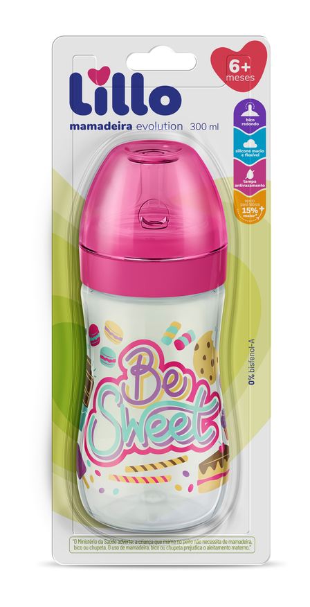 Lillo Mamadeira Super Evolution Bico Redondo Antivazamento Sem BPA +6 meses Rosa 300ml 1 Unidade