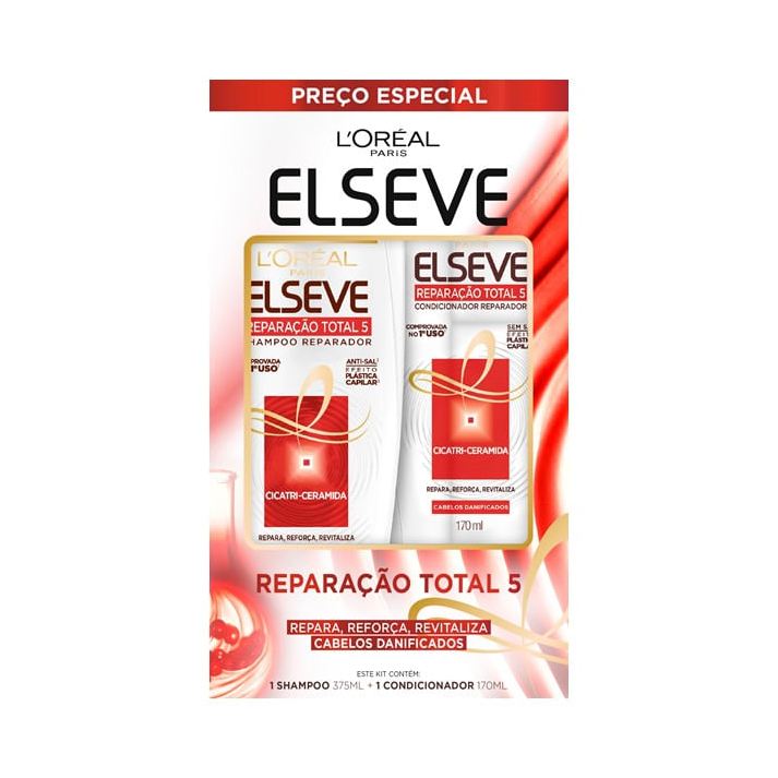 Elseve Kit Shampoo Reparação Total 5 375ml 1 Unidade + Condicionador Elseve Reparação Total 5 170ml 1 Unidade