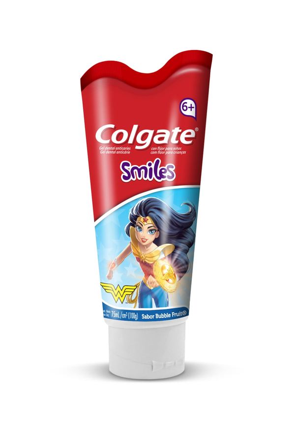 Colgate Creme Dental Infantil Smiles Batman & Mulher-Maravilha Anticáries Com Flúor +6 anos Sabor Bubble Fruit 100g