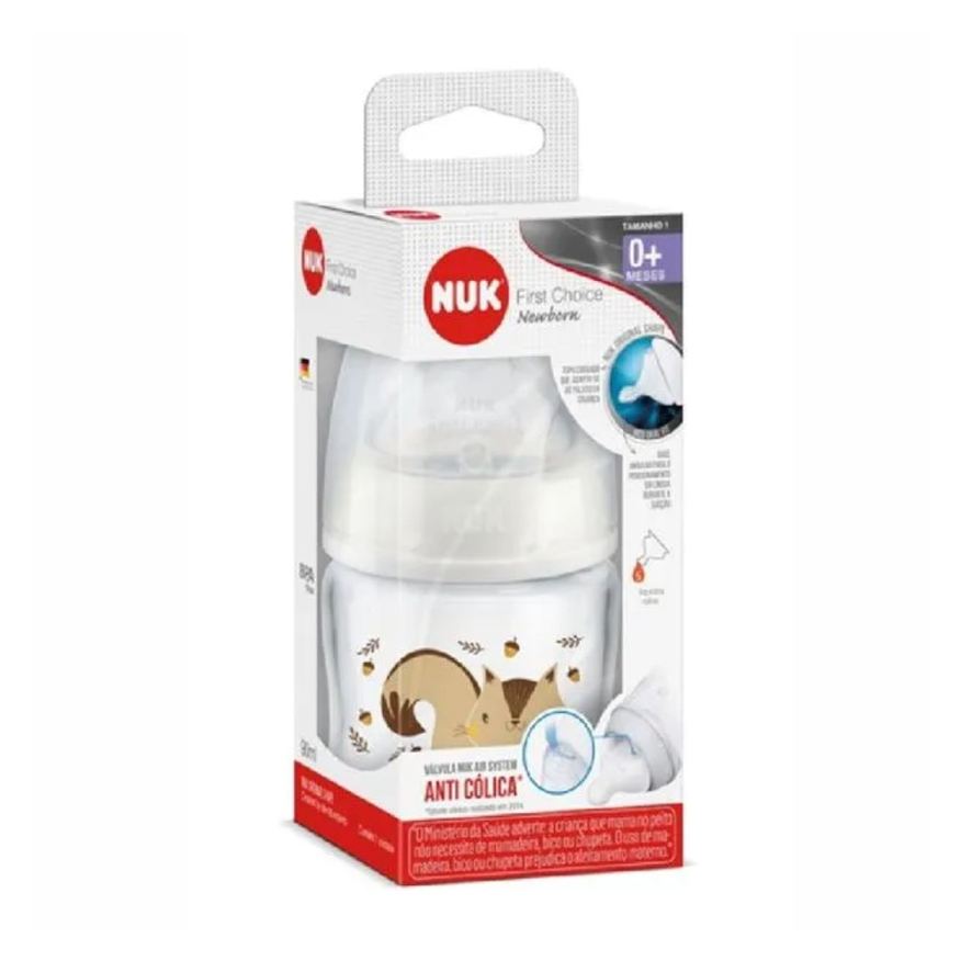 NUK Mamadeira First Choice Newborn +0 meses Anticólica Líquidos Ralos Esquilo Tamanho 1 90ml 1 Unidade