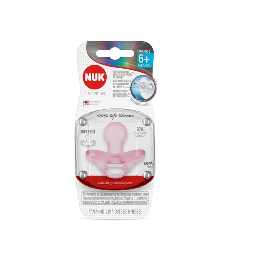 NUK Chupeta Sensitive Soft Original Shape +6 meses 100% Silicone Rosa Tamanho 2 1 Unidade