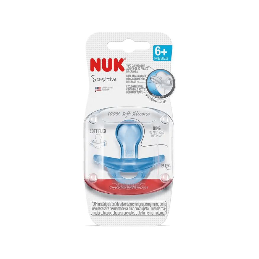 NUK Chupeta Sensitive Soft Original Shape +6 meses 100% Silicone Azul Tamanho 2 1 Unidade