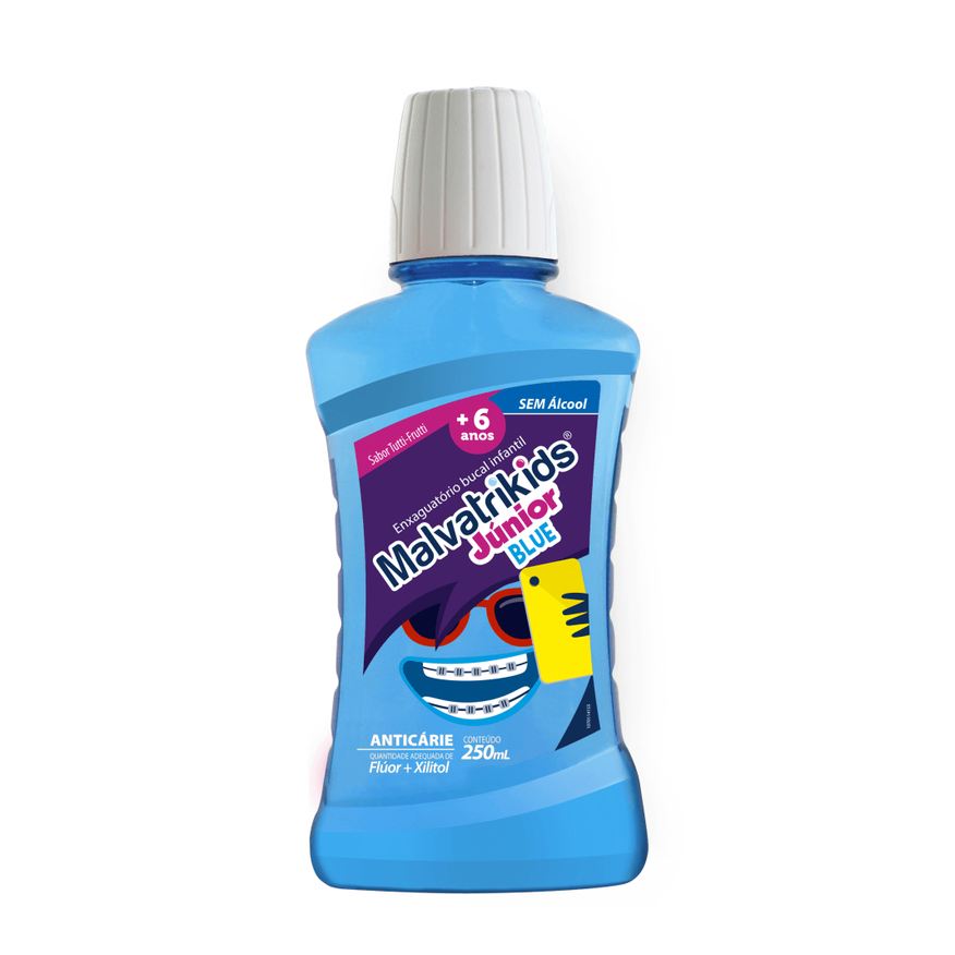 Malvatrikids Enxaguante Bucal Infantil Júnior Blue Flúor Xilitol Zero Álcool Sabor Tutti Frutti Azul 250ml