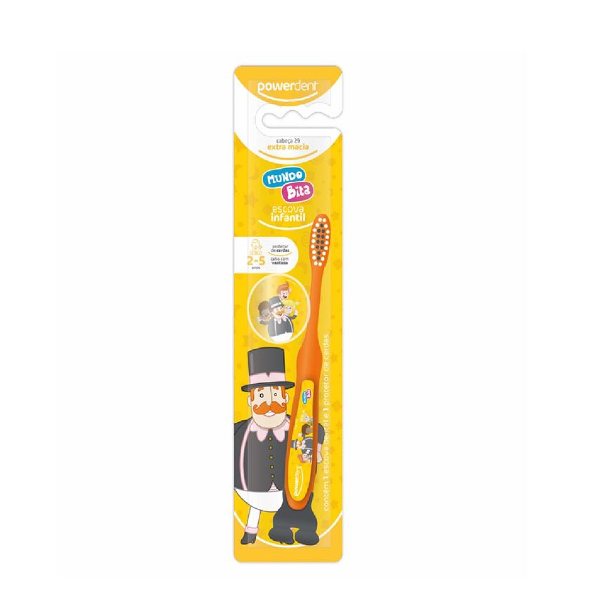 Powerdent Escova Dental Infantil Mundo Bita Extra Macia 2 a 5 anos 1 Unidade + protetor de cerdas