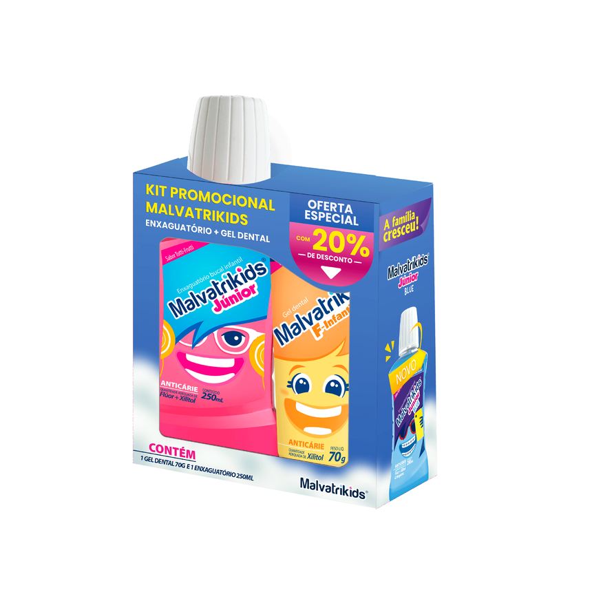 Malvatrikids Kit Enxaguante Bucal Infantil Júnior Anticárie 250ml + Gel Dental Infantil F-Intantil Anticárie 70g Oferta Especial 20% de Desconto