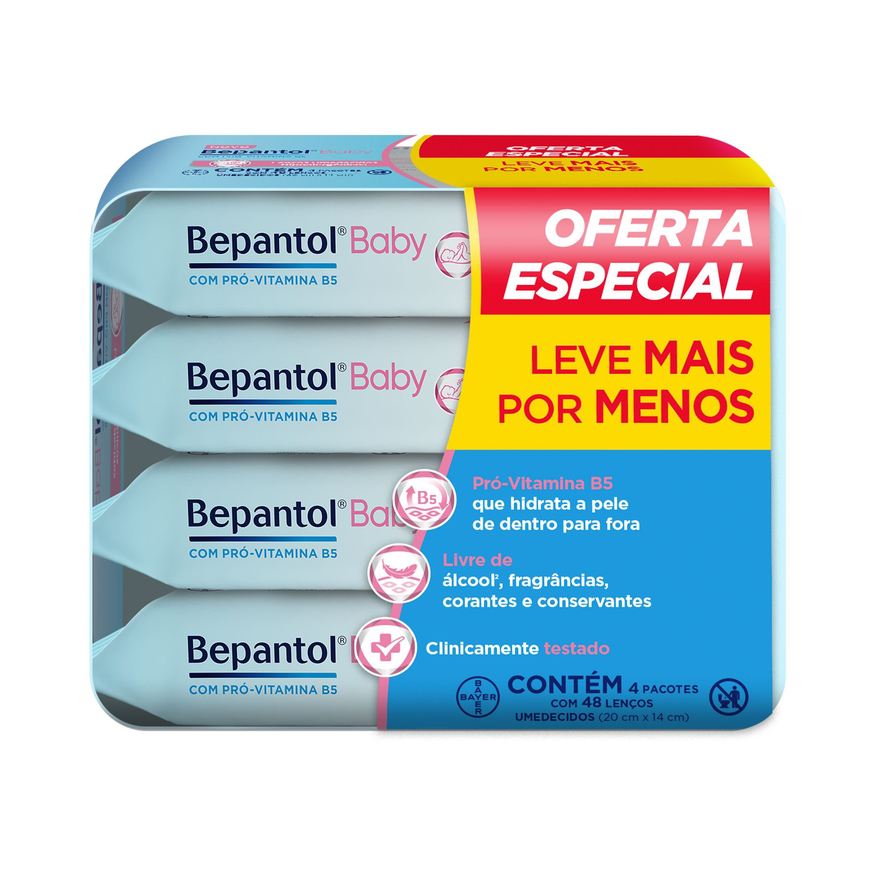 Bepantol Lenços Umedecidos Baby Sem Fragrância Hipoalergênico com Pró-Vitamina B5 48 Unidades 4 pacotes Leve 4 Pague 3