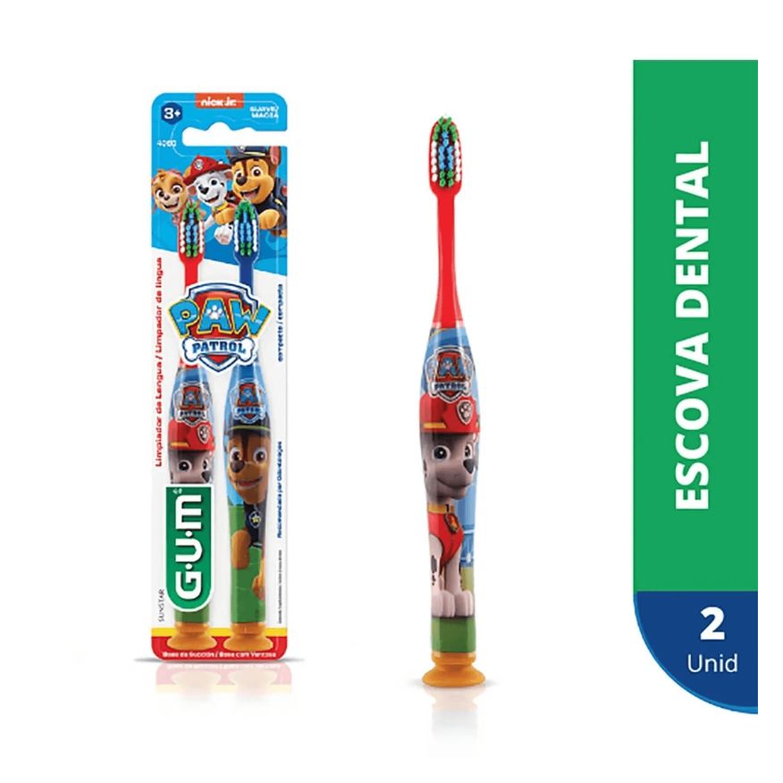 GUM Escova Dental Infantil Patrulha Canina Cerdas Macias +3 anos 2 Unidades – Cores Sortidas