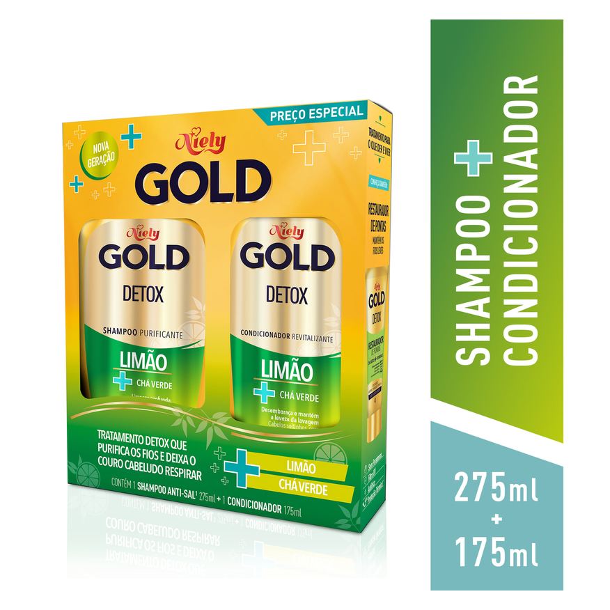 Niely Gold Kit Shampoo Detox Limão e Chá Verde 275ml + Condicionador Niely Gold Detox Limão e Chá Verde 175ml
