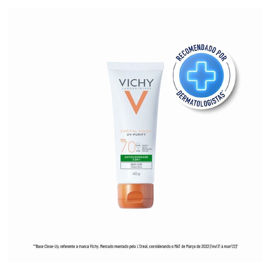 Vichy Protetor Solar Facial Capital Soleil UV-Purify FPS70 Antioleosidade 3 em 1 Sem Cor 40g