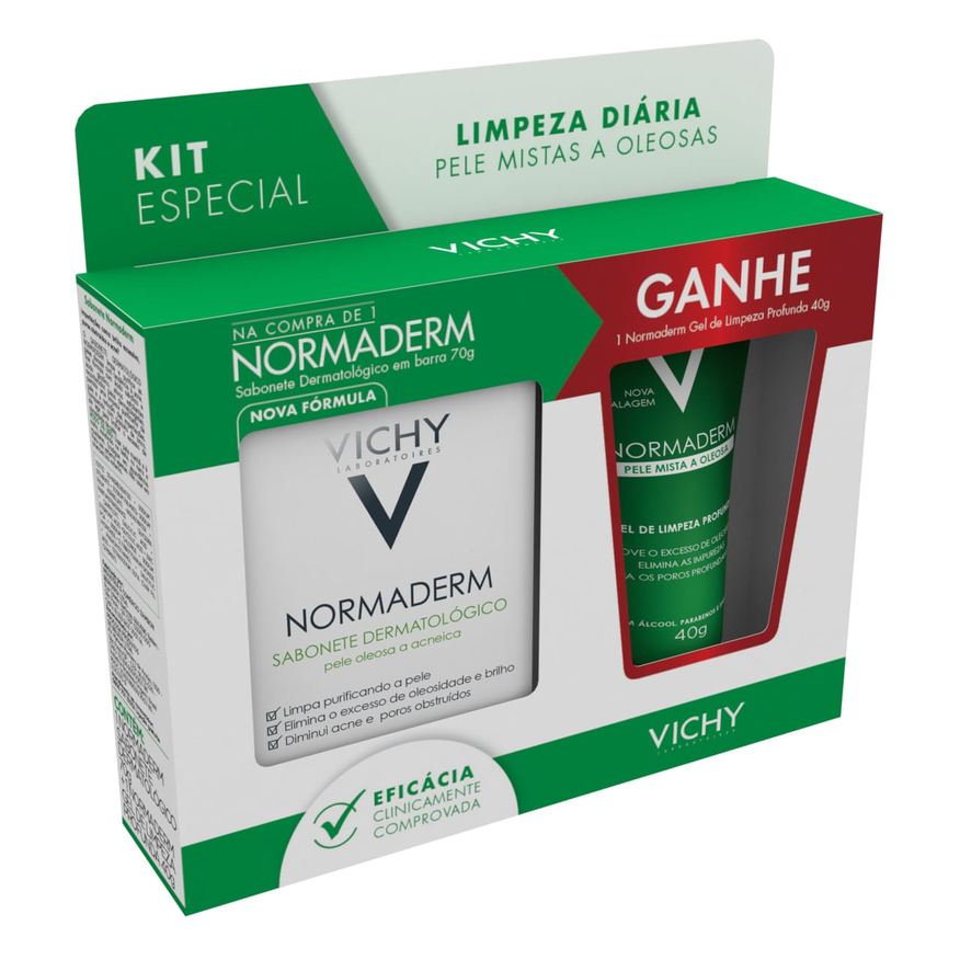 Vichy Kit Sabonete Dermatológico em Barra Normaderm 70g 1 Uni + Gel de Limpeza Profunda Vichy Normaderm 40g 1 Uni
