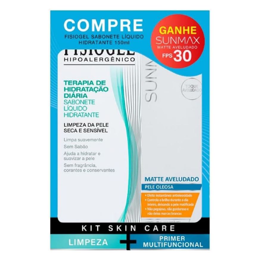 Fisiogel Kit Sabonete Líquido Terapia de Hidratação Diária 150ml 1 Uni + Protetor Solar Facial Sunmax Matte Aveludado FPS 30 50ml 1 Uni
