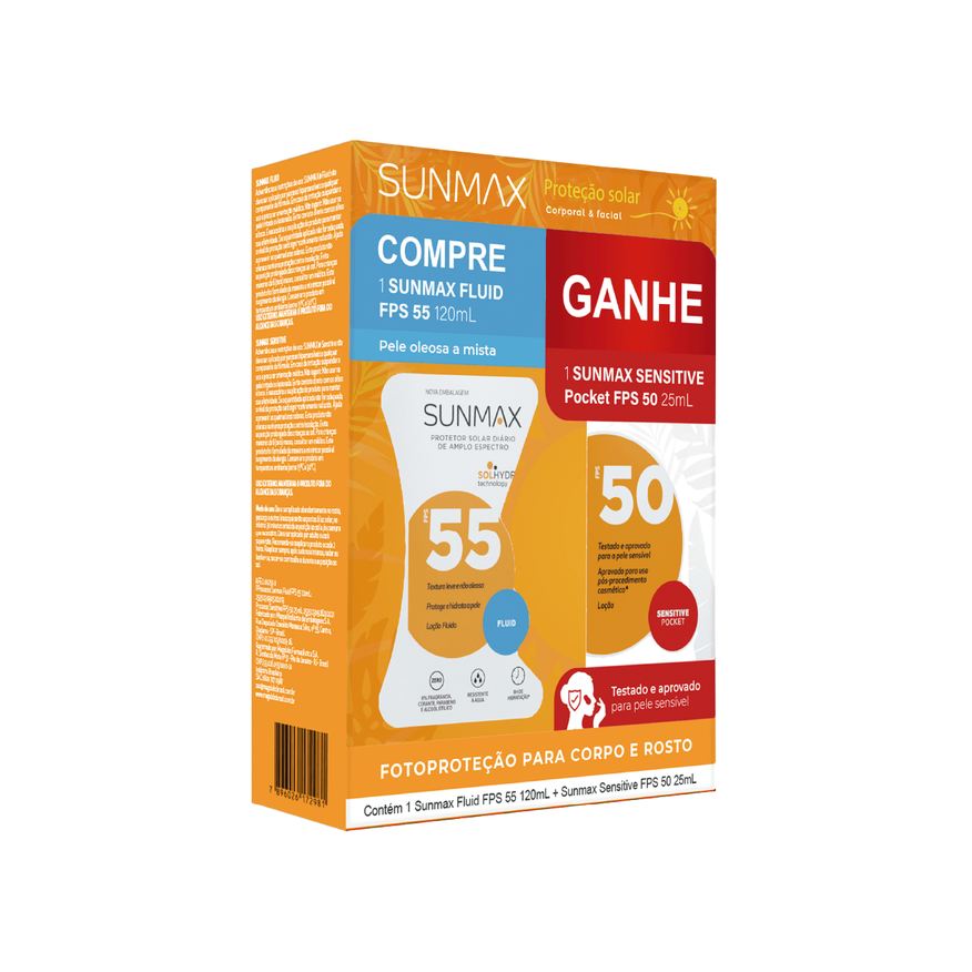 Sunmax Kit Protetor Solar Fluid FPS55 120ml 1 Unidade + Protetor Solar Sunmax Sensitive Pocket FPS50 25ml 1 Unidade