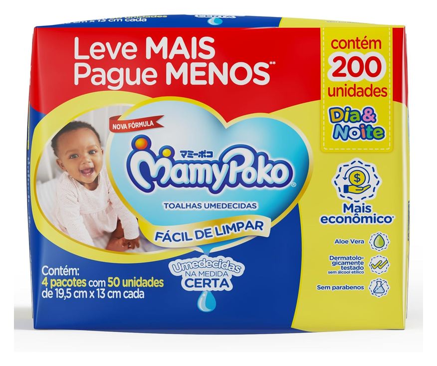 MamyPoko Toalhas Umedecidas Dia & Noite 200 Unidades Leve mais por Menos