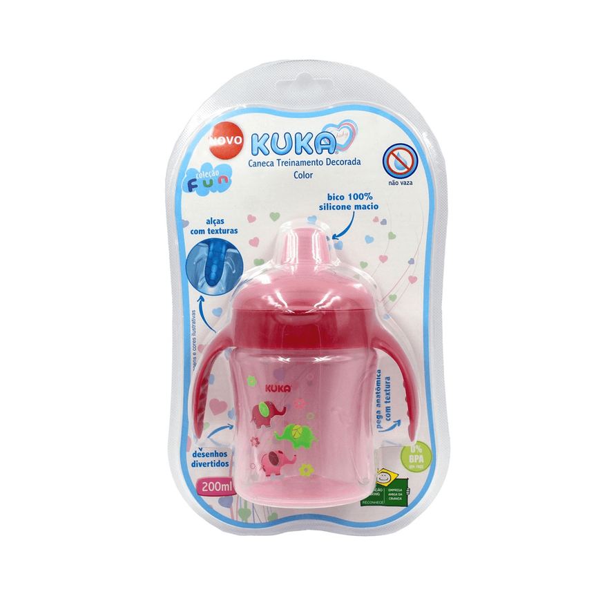 Kuka Baby Caneca de Aprendizado Antivazamento com Alça Bico Macio com Capuz Sem BPA Rosa Fun 200ml 1 Unidade