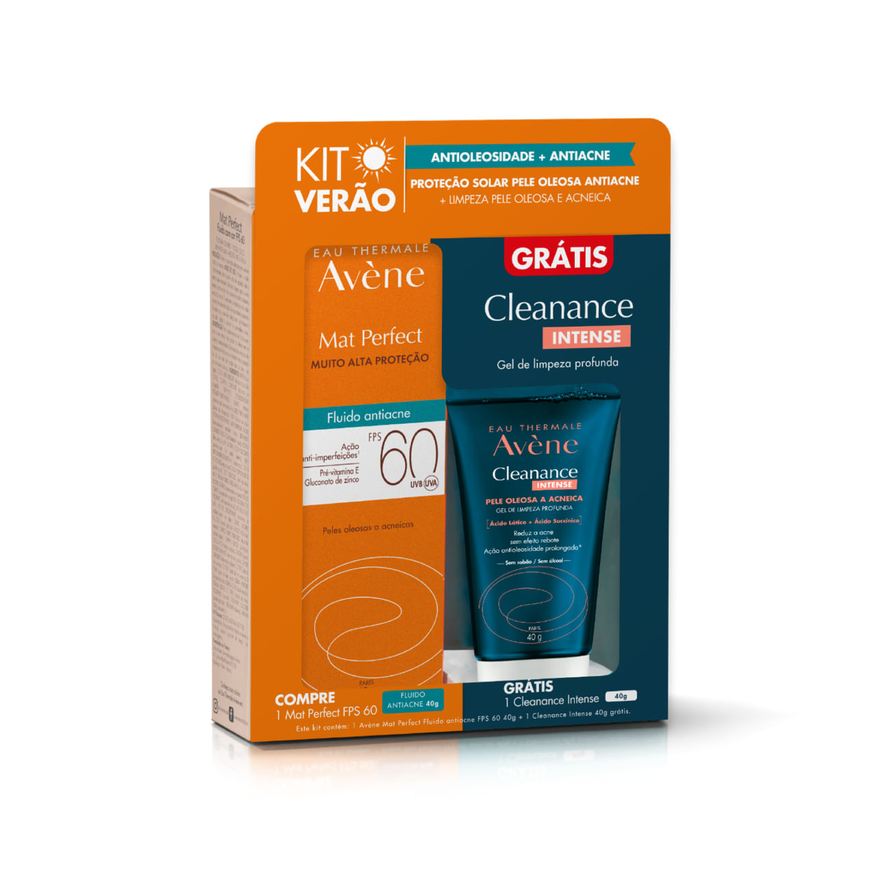 Avene Kit Verão: Protetor Solar Facial Avène Mat Perfect Antiacne FPS60 40g 1 Unidade + 1 Gel de Limpeza Cleanance Intense 40g 1 Unidade