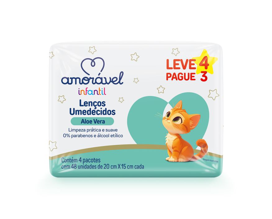 Amoravel Lenços Umedecidos Amorável Aloe E Vera Com 192 Unidades Leve 4 Pague 3