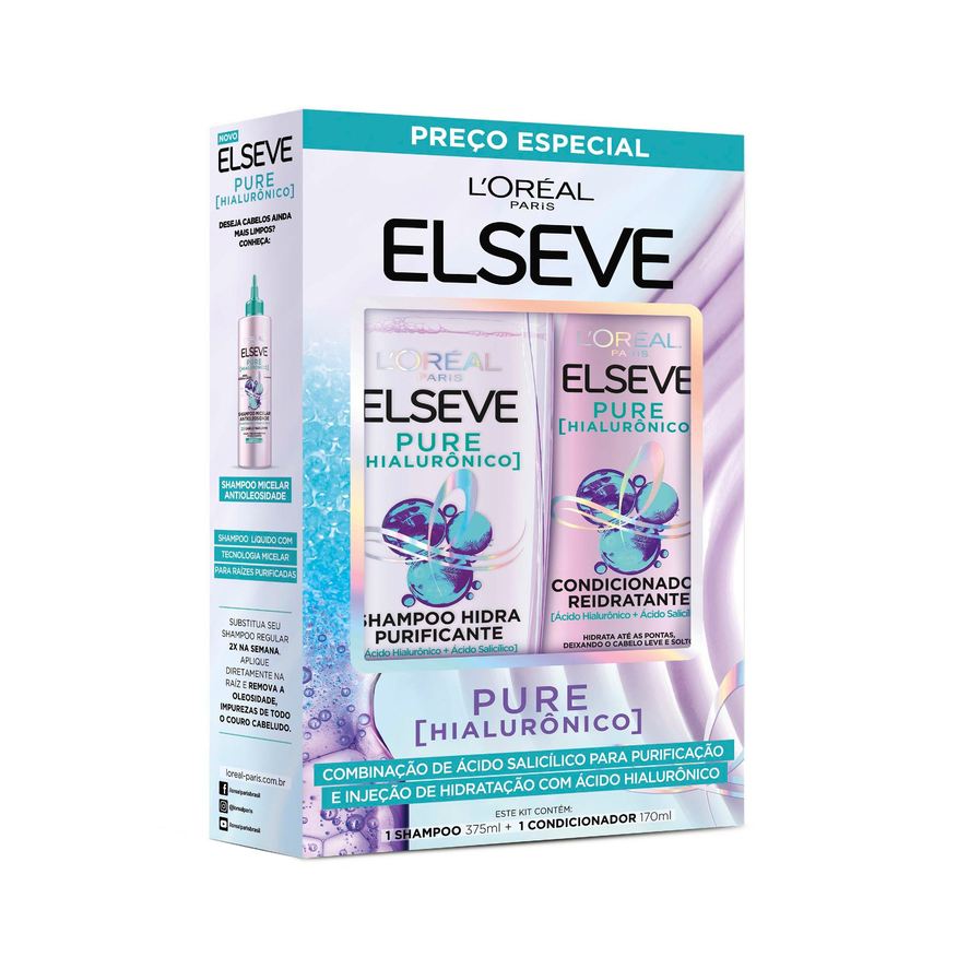 Elseve Kit Shampoo Pure Hialurônico 375ml 1 Unidade + Condicionador Elseve Pure Hialurônico 170ml 1 Unidade
