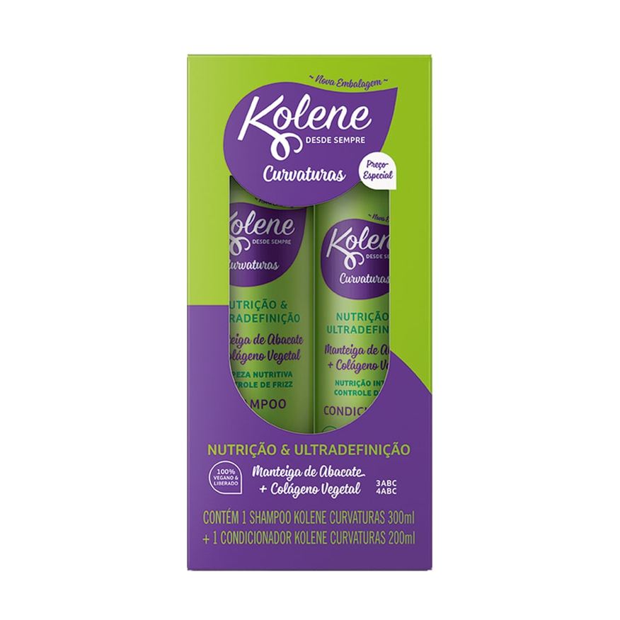Kolene Kit Shampoo Curvaturas Nutrição & Ultradefinição 300ml 1 Unidade + Condicionador Kolene Curvaturas Nutrição & Ultradefinição 200ml 1 Unidade