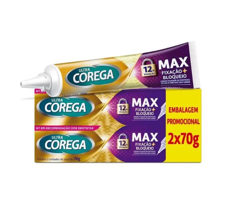 Fixador Creme de Dentadura Ultra Corega Max Fixação + Bloqueio Sem Sabor 2 unidades de 70g cada