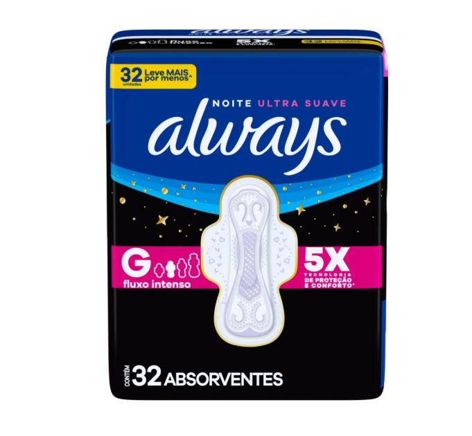 Always Absorvente Noturno Cobertura Suave com Abas Fluxo Intenso G 32 Unidades