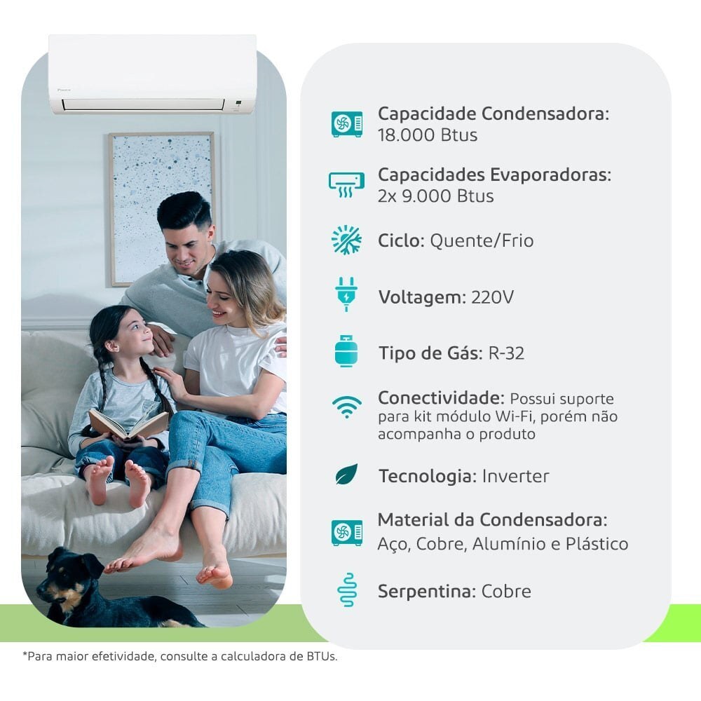 Multi-Split Daikin Bi Split — Cond. 18.000 + 2x 9.000 BTUs 220V Quente/Frio Inverter — Selo Procel A - vista 2