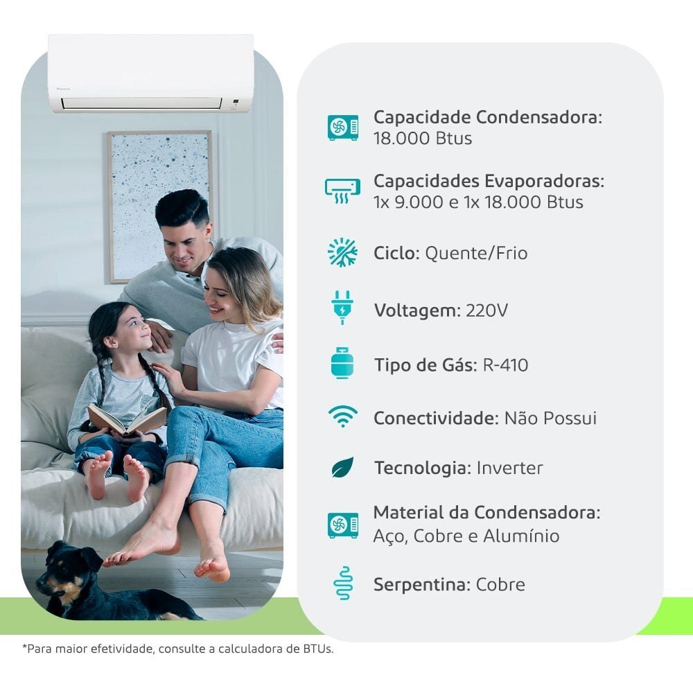 Multi-Split Daikin Bi Split — Cond. 18.000 + 1x 9.000 + 1x 18.000 BTUs 220V Quente/Frio Inverter — Selo Procel A - vista 2