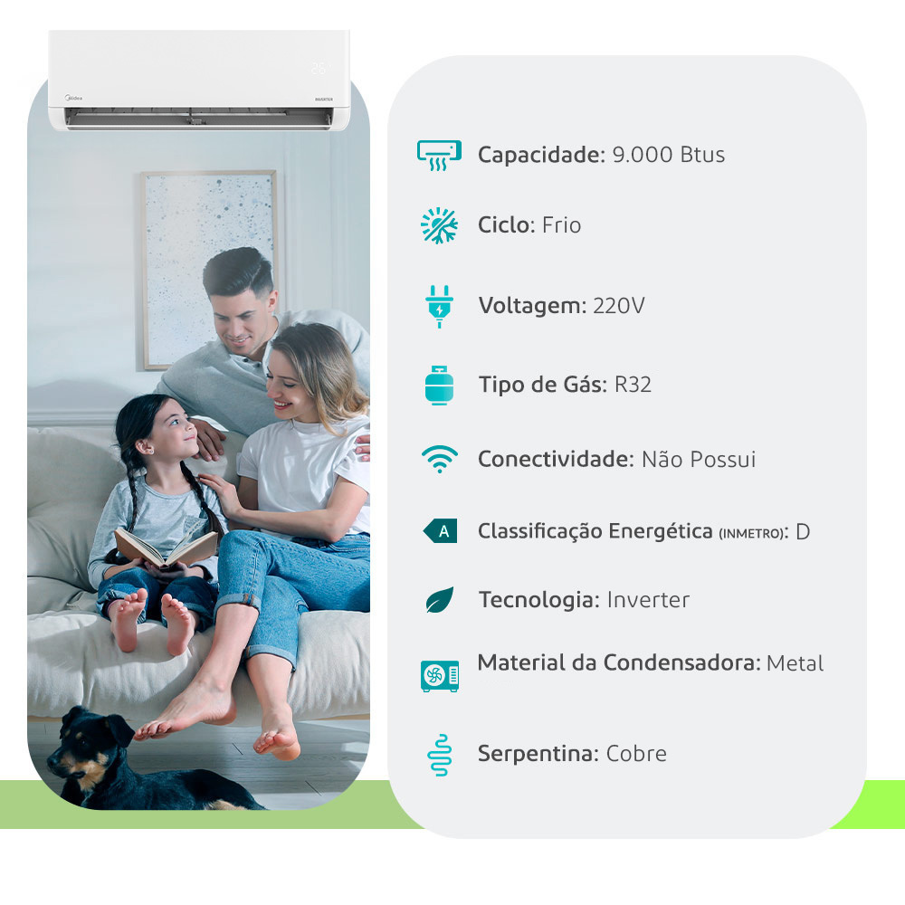 Split Hi-Wall Midea 22.000 BTUs Frio Inverter 220V — Selo Procel A - vista 2